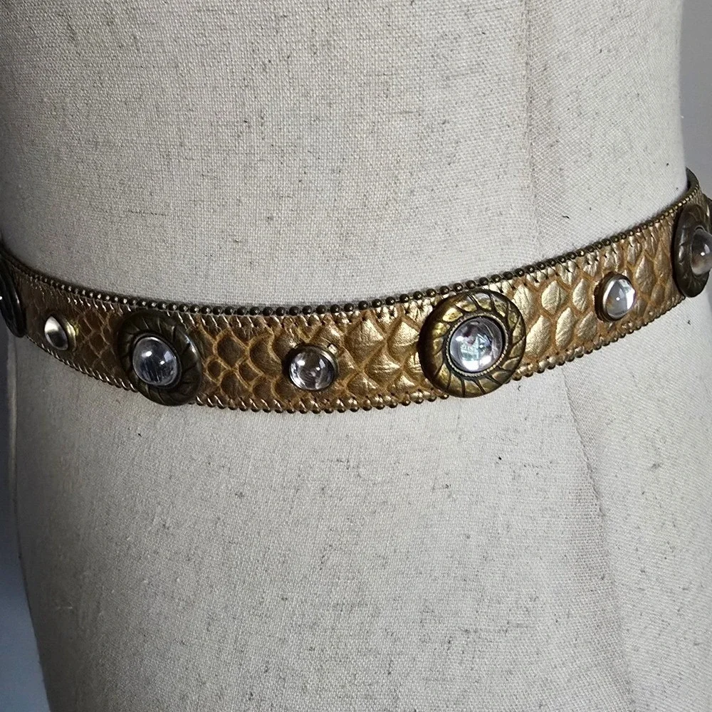 Vintage Gold Embossed Leather Crystal Studded Brass Buckle 80s Glam Belt M/L